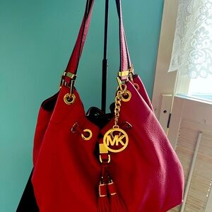 MICHAEL KORS Red Drawstring Double Handle Tassels Shoulder Bag